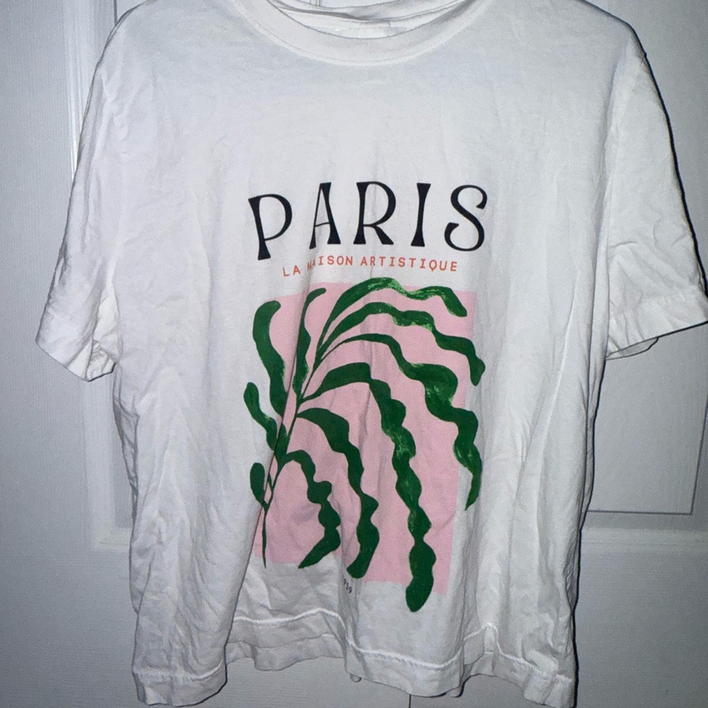 H&M White T-Shirt with Green and Pink Design